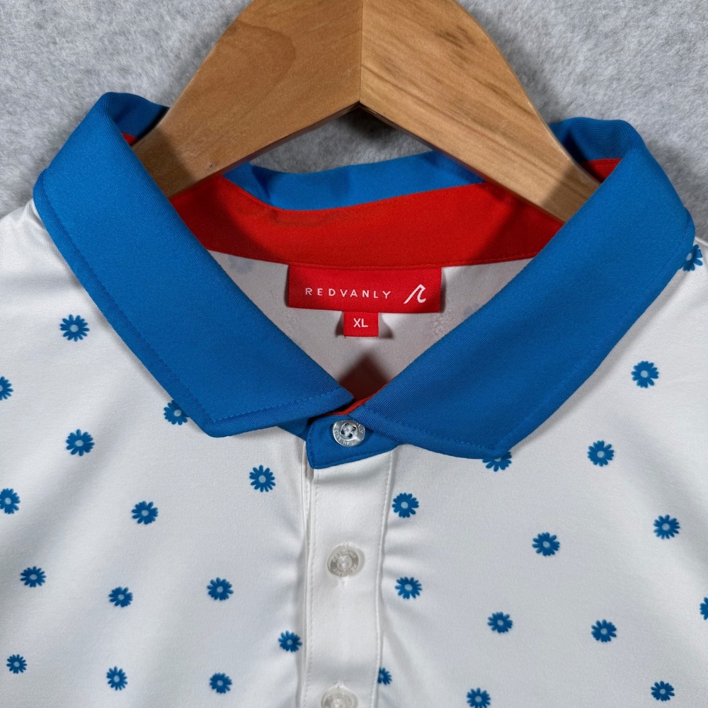 Redvanly Mens XL Golf Polo Shirt White Blue Floral Daisy Print Performance Short - Picture 3 of 11